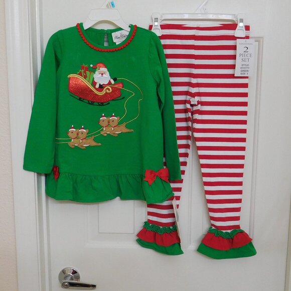 NWT 2pc Rare Editions Santa Claus & Reindeer Top & Red Striped Leggings sz 6 - Picture 1 of 1
